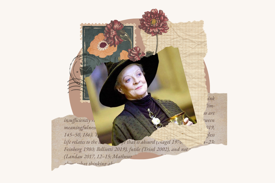 Maggie Smith con sombrero de pico caracterizada para Harry Potter